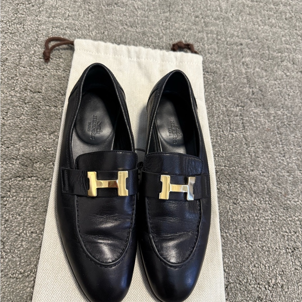 Hermes Black Leather Loafers with Gold H Buckle